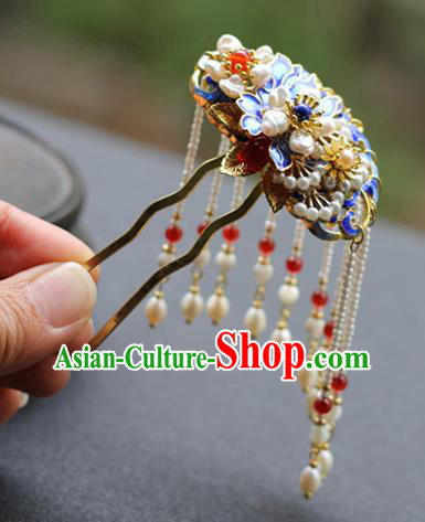 Chinese Ancient Imperial Concubine Blueing Hairpin Traditional Ming Dynasty Pearls Tassel Hair Stick