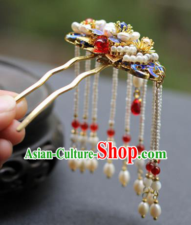 Chinese Ancient Imperial Concubine Blueing Hairpin Traditional Ming Dynasty Pearls Tassel Hair Stick