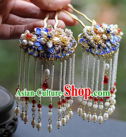 Chinese Ancient Imperial Concubine Blueing Hairpin Traditional Ming Dynasty Pearls Tassel Hair Stick