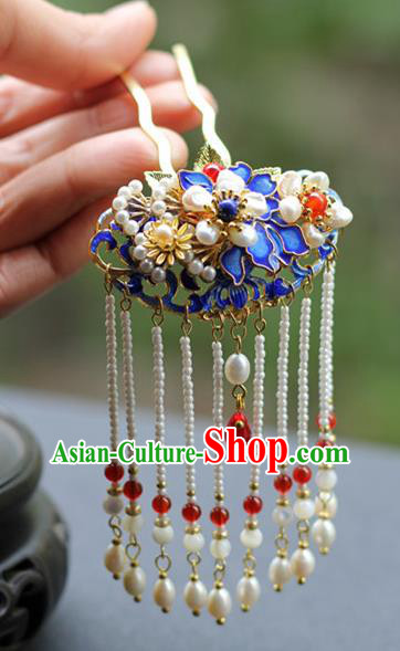 Chinese Ancient Imperial Concubine Blueing Hairpin Traditional Ming Dynasty Pearls Tassel Hair Stick