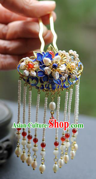Chinese Ancient Imperial Concubine Blueing Hairpin Traditional Ming Dynasty Pearls Tassel Hair Stick
