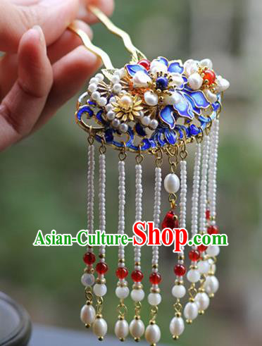 Chinese Ancient Imperial Concubine Blueing Hairpin Traditional Ming Dynasty Pearls Tassel Hair Stick