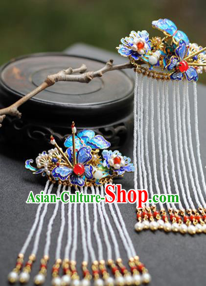 Chinese Traditional Ming Dynasty Pearls Tassel Hair Stick Ancient Imperial Concubine Blueing Butterfly Hairpin