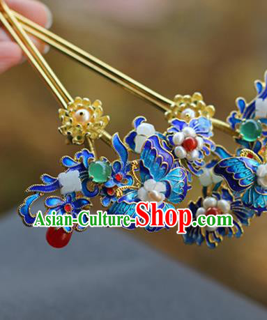 Chinese Ancient Queen Blueing Butterfly Hairpin Traditional Ming Dynasty Jade Pearls Hair Stick