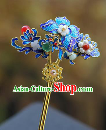 Chinese Ancient Queen Blueing Butterfly Hairpin Traditional Ming Dynasty Jade Pearls Hair Stick