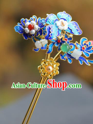 Chinese Ancient Queen Blueing Butterfly Hairpin Traditional Ming Dynasty Jade Pearls Hair Stick