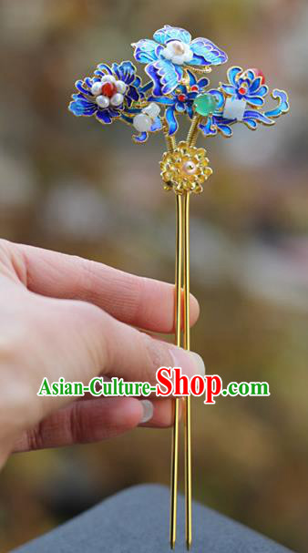 Chinese Ancient Queen Blueing Butterfly Hairpin Traditional Ming Dynasty Jade Pearls Hair Stick