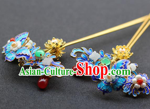 Chinese Ancient Queen Blueing Butterfly Hairpin Traditional Ming Dynasty Jade Pearls Hair Stick