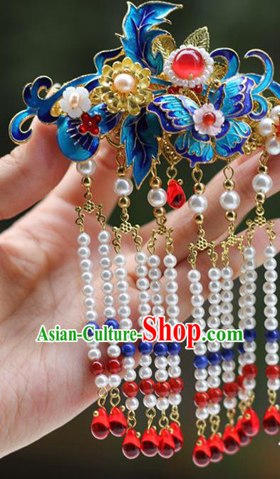 Chinese Ancient Bride Blueing Butterfly Hairpin Traditional Ming Dynasty Wedding Tassel Hair Claw