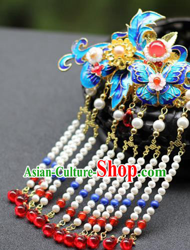 Chinese Ancient Bride Blueing Butterfly Hairpin Traditional Ming Dynasty Wedding Tassel Hair Claw