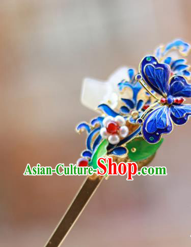 Chinese Ancient Queen Cloisonne Butterfly Hairpin Traditional Ming Dynasty Pearls Jade Hair Stick