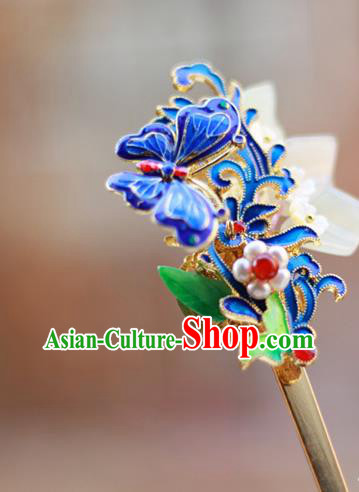 Chinese Ancient Queen Cloisonne Butterfly Hairpin Traditional Ming Dynasty Pearls Jade Hair Stick