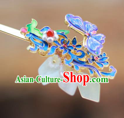 Chinese Ancient Queen Cloisonne Butterfly Hairpin Traditional Ming Dynasty Pearls Jade Hair Stick
