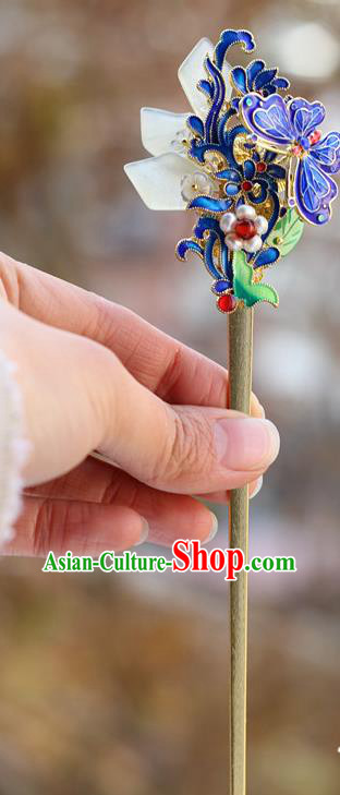 Chinese Ancient Queen Cloisonne Butterfly Hairpin Traditional Ming Dynasty Pearls Jade Hair Stick