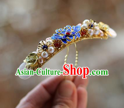 Chinese Ancient Palace Lady Pearls Hairpin Traditional Ming Dynasty Cloisonne Chrysanthemum Hair Stick