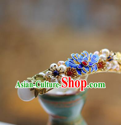 Chinese Ancient Palace Lady Pearls Hairpin Traditional Ming Dynasty Cloisonne Chrysanthemum Hair Stick