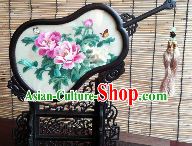 China Handmade Blackwood Gourd Decoration Traditional Double Side Embroidered Peony Desk Screen
