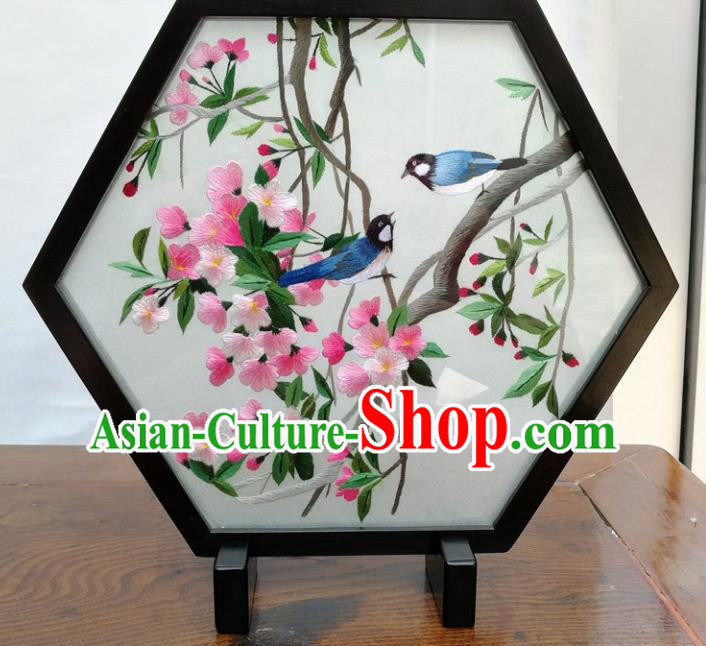 China Embroidery Hexagon Table Screen Traditional Suzhou Embroidered Begonia Craft Handmade Blackwood Desk Decoration