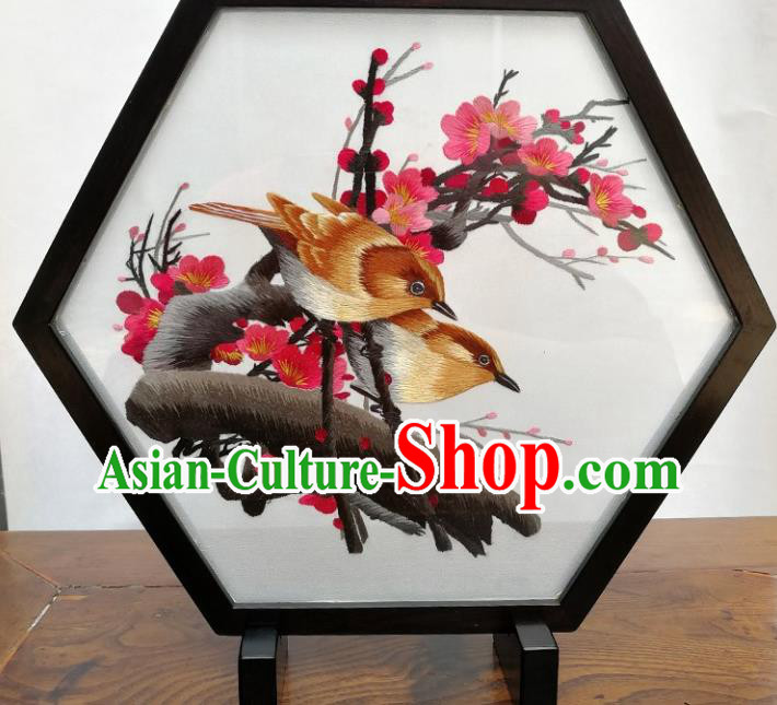 China Traditional Suzhou Embroidered Plum Birds Craft Handmade Blackwood Desk Decoration Embroidery Hexagon Table Screen