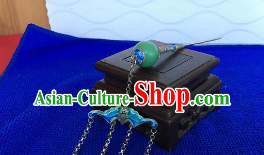 Chinese Traditional Qing Dynasty Silver Hair Stick Ancient Empress Cloisonne Bat Tassel Hairpin