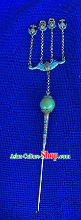 Chinese Traditional Qing Dynasty Silver Hair Stick Ancient Empress Cloisonne Bat Tassel Hairpin