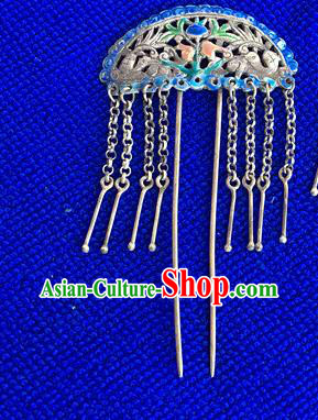 Chinese Ancient Court Lady Cloisonne Hairpin Traditional Qing Dynasty Silver Tassel Hair Stick