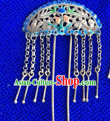 Chinese Ancient Court Lady Cloisonne Hairpin Traditional Qing Dynasty Silver Tassel Hair Stick