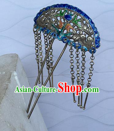 Chinese Ancient Court Lady Cloisonne Hairpin Traditional Qing Dynasty Silver Tassel Hair Stick