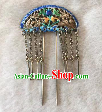 Chinese Ancient Court Lady Cloisonne Hairpin Traditional Qing Dynasty Silver Tassel Hair Stick