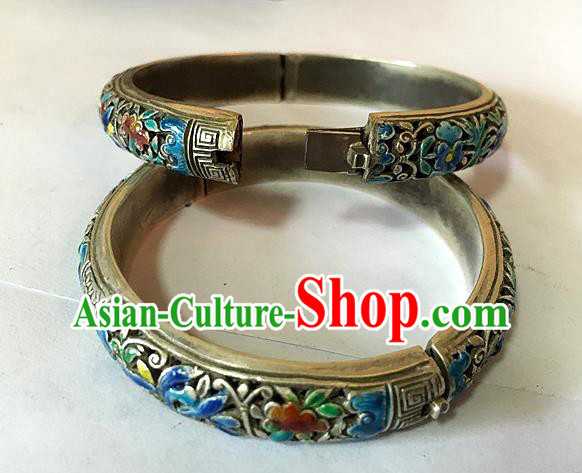 Handmade China Ethnic Carving Silver Bangle National Wedding Cloisonne Bracelet Accessories