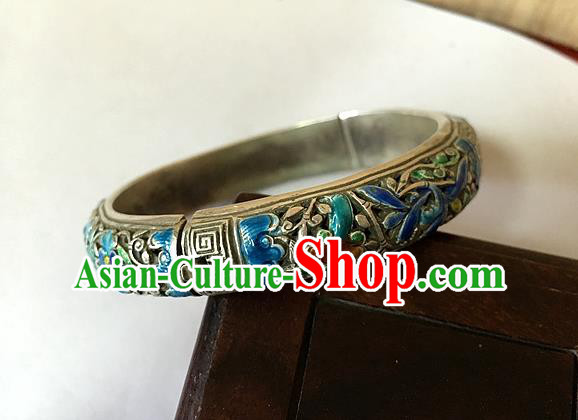 Handmade China Ethnic Carving Silver Bangle National Wedding Cloisonne Bracelet Accessories