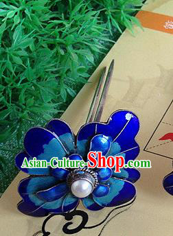Chinese Ancient Palace Lady Pearl Hair Stick Traditional Qing Dynasty Enamel Peony Hairpin
