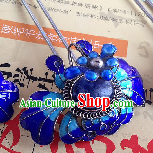 Chinese Ancient Queen Lapis Hair Stick Traditional Qing Dynasty Enamel Peony Hairpin