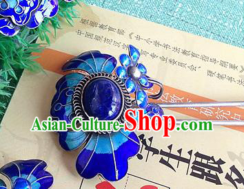 Chinese Ancient Queen Lapis Hair Stick Traditional Qing Dynasty Enamel Peony Hairpin