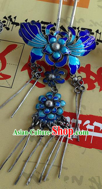 Chinese Ancient Royal Princess Cloisonne Hair Stick Traditional Qing Dynasty Palace Silver Tassel Hairpin