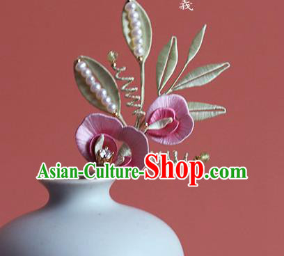 Chinese Traditional Hanfu Hairpin Hair Accessories Ancient Princess Pink Silk Flowers Hair Stick