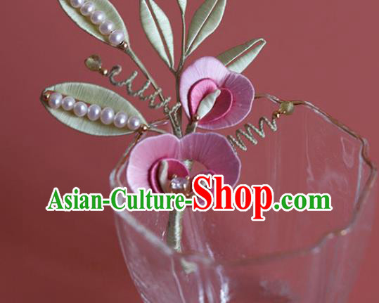 Chinese Traditional Hanfu Hairpin Hair Accessories Ancient Princess Pink Silk Flowers Hair Stick
