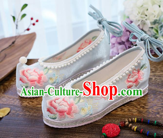 China National Embroidered Peony Shoes Traditional Hanfu Pearls Shoes Handmade Blue Satin Shoes