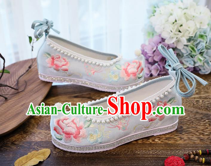 China National Embroidered Peony Shoes Traditional Hanfu Pearls Shoes Handmade Blue Satin Shoes