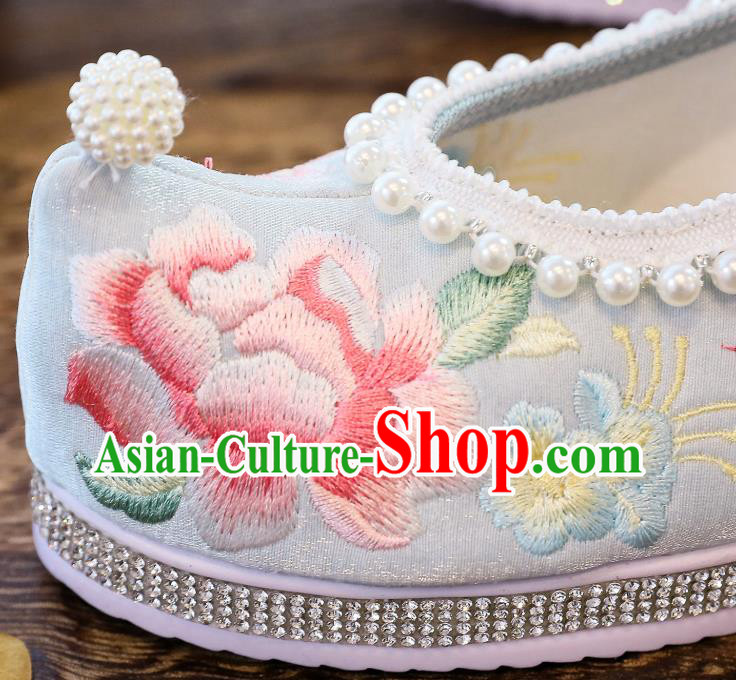 China National Embroidered Peony Shoes Traditional Hanfu Pearls Shoes Handmade Blue Satin Shoes