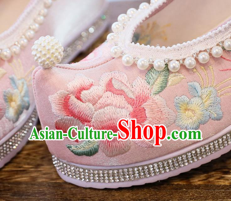 China Handmade Pink Satin Shoes National Embroidered Peony Shoes Traditional Hanfu Pearls Shoes