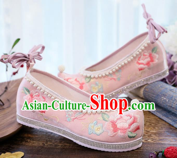 China Handmade Pink Satin Shoes National Embroidered Peony Shoes Traditional Hanfu Pearls Shoes