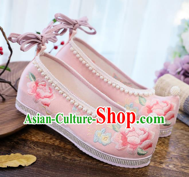 China Handmade Pink Satin Shoes National Embroidered Peony Shoes Traditional Hanfu Pearls Shoes