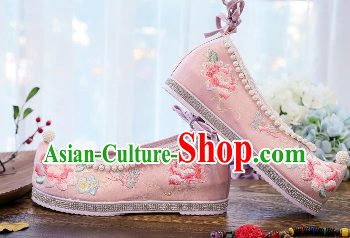 China Handmade Pink Satin Shoes National Embroidered Peony Shoes Traditional Hanfu Pearls Shoes