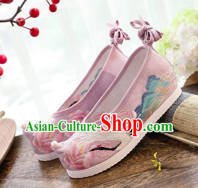 China National Embroidered Crane Pink Shoes Traditional Ming Dynasty Hanfu Shoes Handmade Princess Shoes