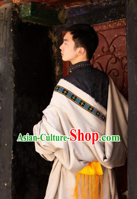 Chinese Xizang Ethnic Minority Beige Tibetan Robe Traditional Zang Nationality Folk Dance Costumes