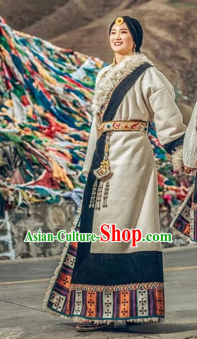 China Zang Nationality Dance White Robe Clothing Traditional Xizang Tibetan Minority Stage Performance Costume