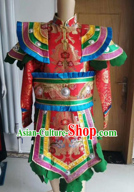 Chinese Ethnic Minority Stage Performance Red Brocade Tibetan Robe Zang Nationality King Costumes