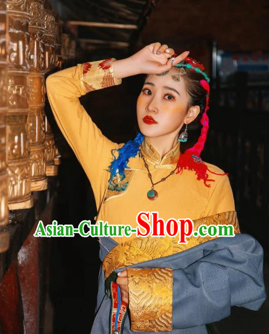 China Zang Nationality Woman Grey Robe Clothing Traditional Xizang Tibetan Minority Folk Dance Costume