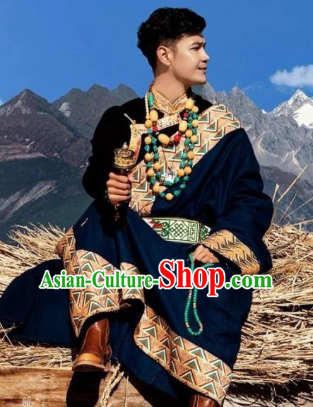 Chinese Xizang Ethnic Minority Wedding Royalblue Tibetan Robe Traditional Zang Nationality Stage Performance Costumes